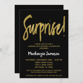Uitnodiging voor Black Gold Script Surprise Party (Voorkant / Achterkant)
