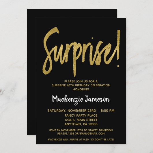 Uitnodiging voor Black Gold Script Surprise Party (Voorkant / Achterkant)