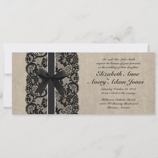 Uitnodiging voor Black Lace en Burlap Wedding (Voorkant)