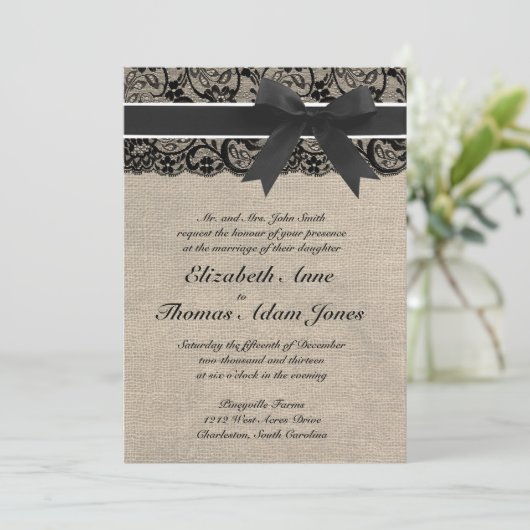 Uitnodiging voor Black Lace en Burlap Wedding (Staand voorkant)