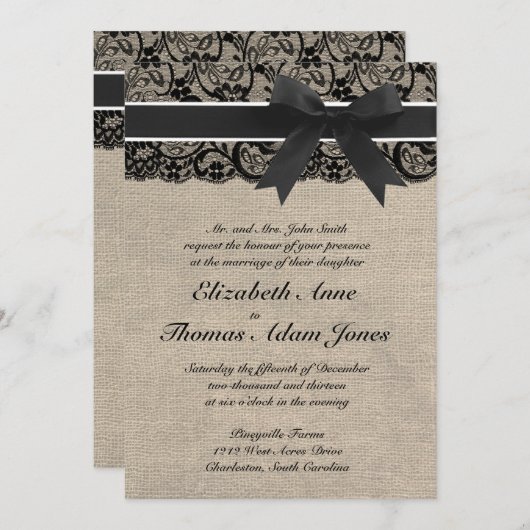 Uitnodiging voor Black Lace en Burlap Wedding (Voorkant / Achterkant)