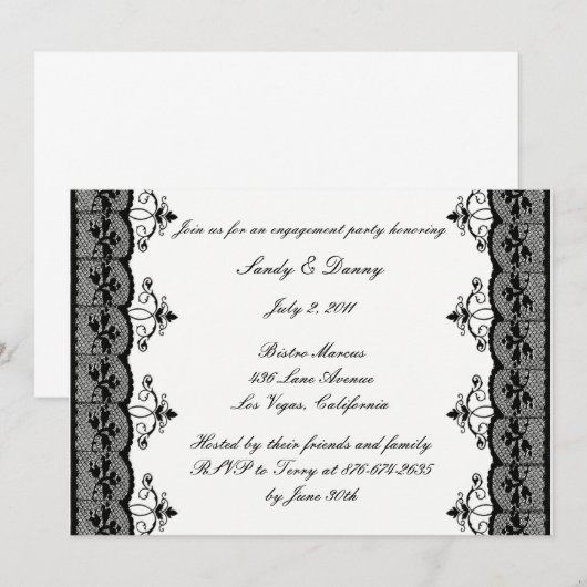 Uitnodiging voor Black Lace Engagement Party (Voorkant / Achterkant)