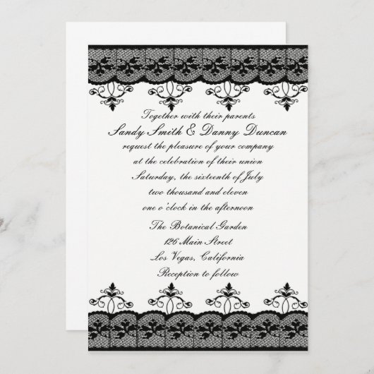Uitnodiging voor Black Lace Wedding (Voorkant / Achterkant)
