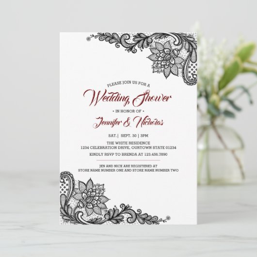Uitnodiging voor Black Lace Wedding Shower (Staand voorkant)