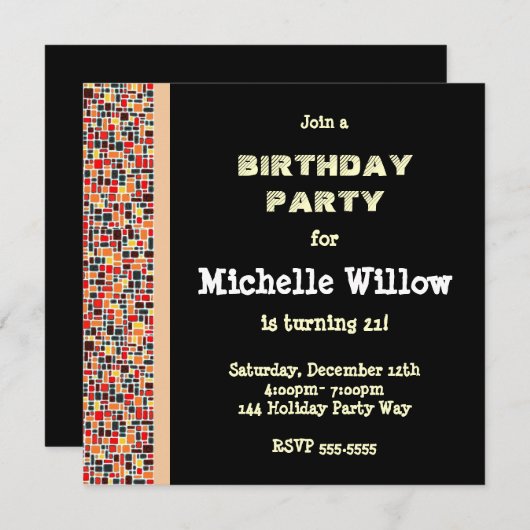 Uitnodiging voor Black Mosaic Birthday Party (Voorkant / Achterkant)