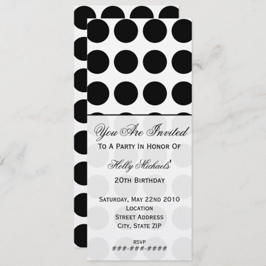 Uitnodiging voor Black Polka Dot Party (Voorkant / Achterkant)