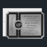 Uitnodiging voor Black Silver Ticket-verjaardag<br><div class="desc">Zwarte en zilveren verjaardagsuitnodiging met diamanten VIP-embleem. U kunt de zwarte achtergrond en tekstkleur veranderen.</div>