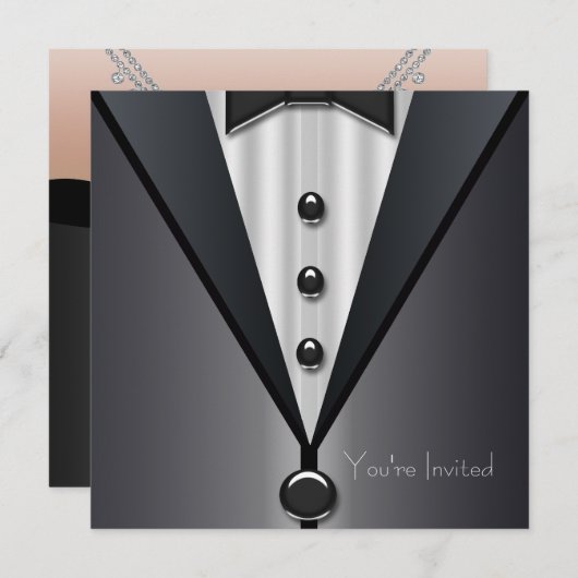 Uitnodiging voor Black Tuxedo Dress Party (Voorkant / Achterkant)