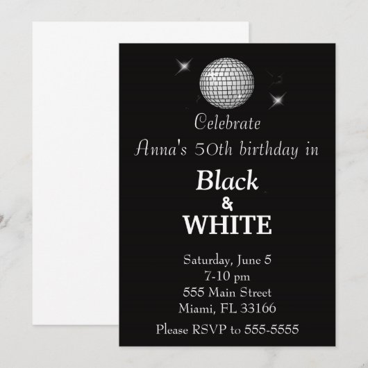 Uitnodiging voor Black & White Birthday Party (Voorkant / Achterkant)