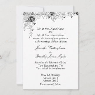Uitnodiging voor Black White Floral Wedding