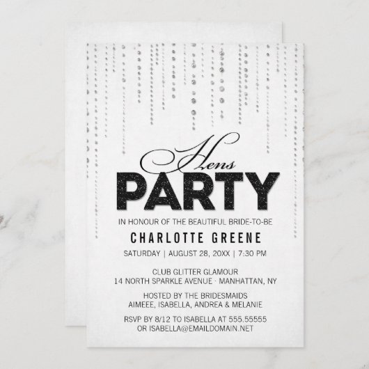 Uitnodiging voor Black & White Glitter Watch Hens  (Voorkant / Achterkant)