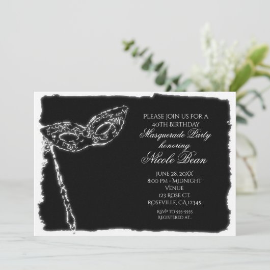 Uitnodiging voor Black & White Masquerade Elegant  (Staand voorkant)