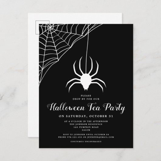 Uitnodiging voor Black White Spider Halloween Tea (Voorkant / Achterkant)