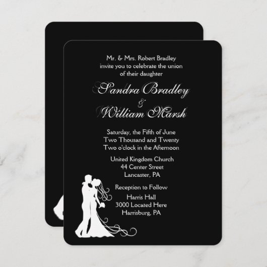 Uitnodiging voor Black White Wedding (Voorkant / Achterkant)