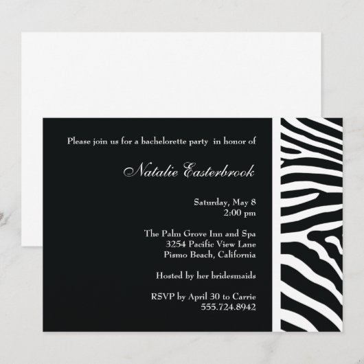 Uitnodiging voor Black Zebra Bachelorette (Voorkant / Achterkant)