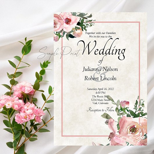 Uitnodiging voor blanke bruiloft Roze aquarel bloe