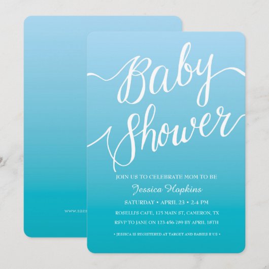 Uitnodiging voor blauw Baby shower | Handgeschreve (Voorkant / Achterkant)