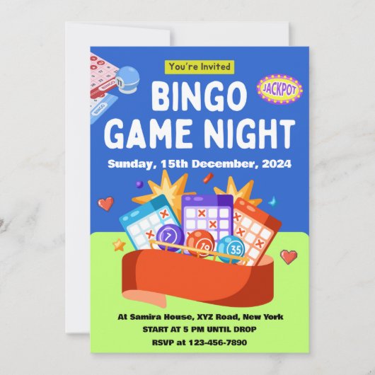 Uitnodiging voor Blauw en Groen Speelse Bingo Spel (Voorkant)