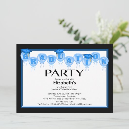 Uitnodiging voor blauw Pet voor de Ballons Graduy (Staand voorkant)