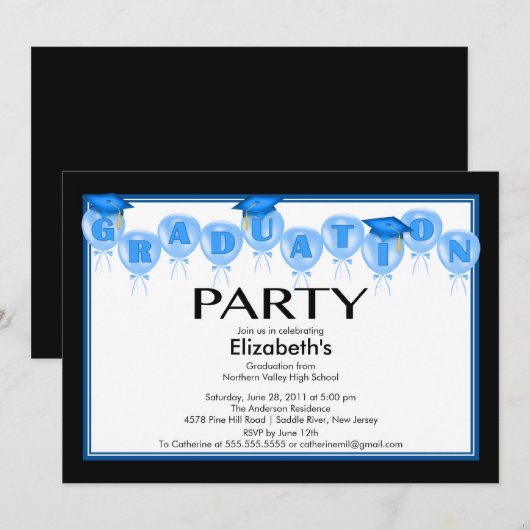 Uitnodiging voor blauw Pet voor de Ballons Graduy  (Voorkant / Achterkant)