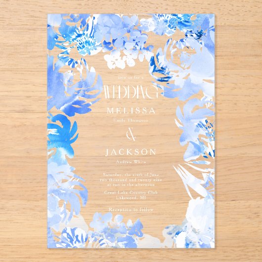 Uitnodiging voor blauwe aquarel bloem bruiloft (Voorkant)