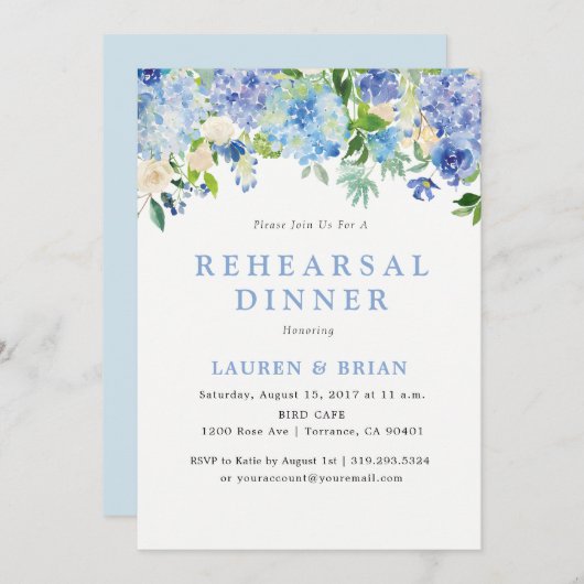 Uitnodiging voor Blauwe Aquarel Proefbruiloftsdine (Voorkant / Achterkant)
