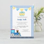 Uitnodiging voor blauwe babyfeestje voor jongetje  (Staand voorkant)