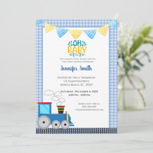 Uitnodiging voor blauwe babyfeestje voor jongetje  (Staand voorkant)