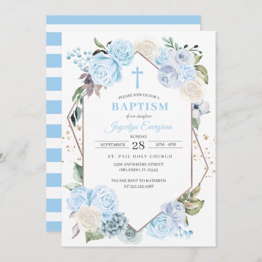 Uitnodiging voor blauwe bloemendoop (Voorkant / Achterkant)