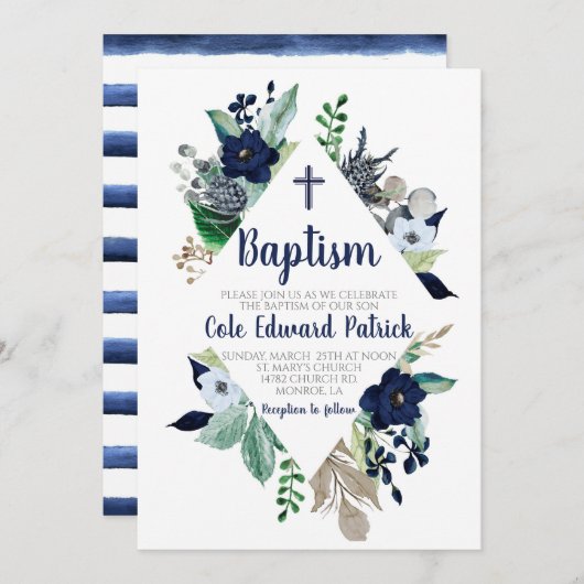 Uitnodiging voor blauwe bloemendoop (Voorkant / Achterkant)