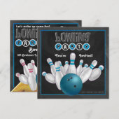 Uitnodiging voor blauwe Bowling Party (Voorkant / Achterkant)