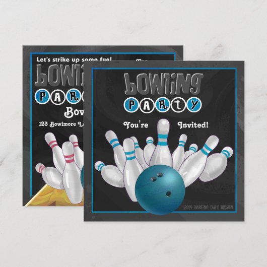 Uitnodiging voor blauwe Bowling Party (Voorkant / Achterkant)