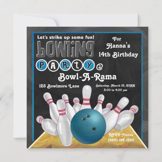 Uitnodiging voor blauwe Bowling Party (Achterkant)