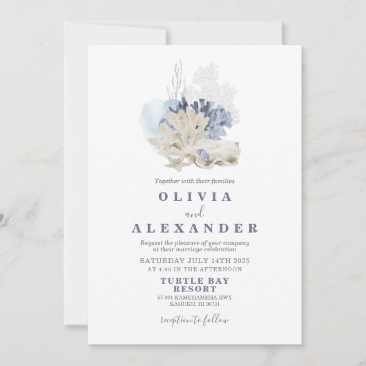 Uitnodiging voor blauwe bruiloft op strand van Sea (Voorkant)