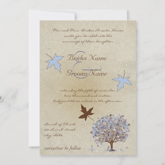 Uitnodiging voor blauwe en bruine bomen om te bind (Achterkant)