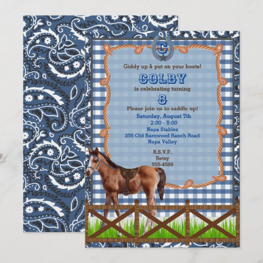 Uitnodiging voor blauwe en bruine Westerne paarden (Voorkant / Achterkant)