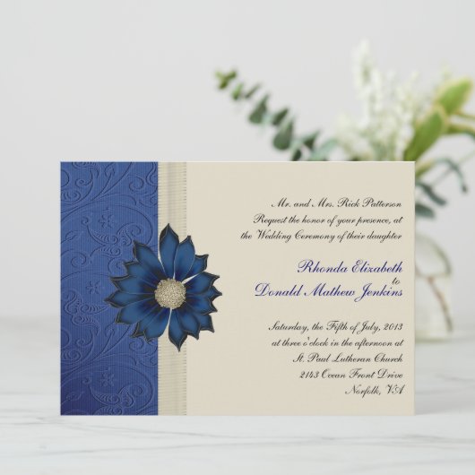 uitnodiging voor blauwe en crèmeweddenschappen (Staand voorkant)