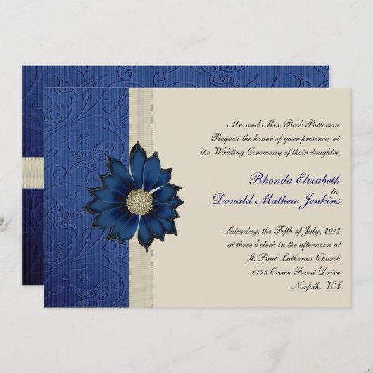 uitnodiging voor blauwe en crèmeweddenschappen (Voorkant / Achterkant)