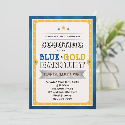 Uitnodiging voor blauwe en gouden banket (Staand voorkant)