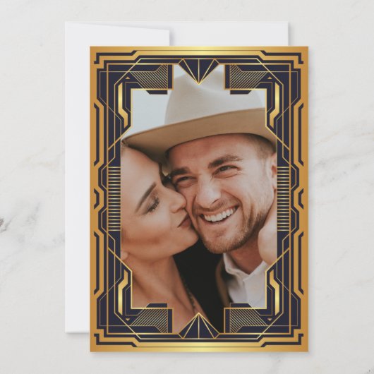 Uitnodiging voor blauwe en gouden kunst om te trou (Achterkant)