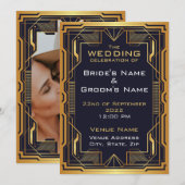 Uitnodiging voor blauwe en gouden kunst om te trou (Voorkant / Achterkant)