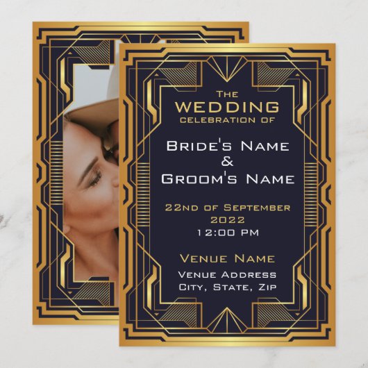 Uitnodiging voor blauwe en gouden kunst om te trou (Voorkant / Achterkant)