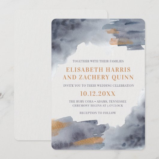 Uitnodiging voor blauwe en gouden Waterverf (Voorkant / Achterkant)