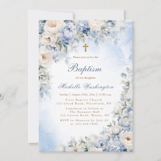 Uitnodiging voor blauwe en ivoren bloemdoop (Voorkant)