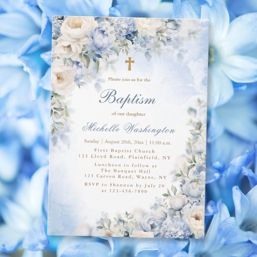 Uitnodiging voor blauwe en ivoren bloemdoop