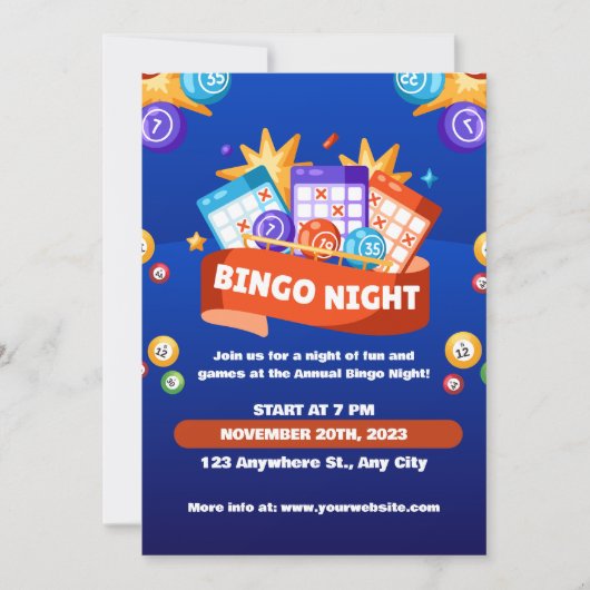 Uitnodiging voor Blauwe en Oranje Bingo Fun Night  (Voorkant)