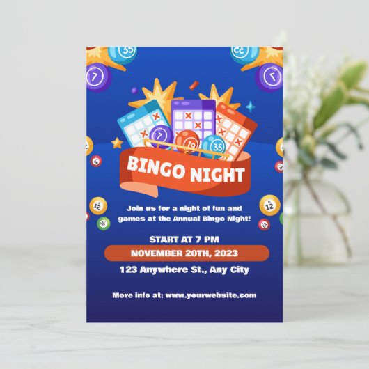 Uitnodiging voor Blauwe en Oranje Bingo Fun Night  (Staand voorkant)