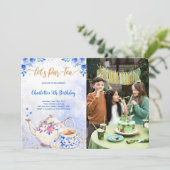 Uitnodiging voor blauwe en roze theepartij verjaar (Staand voorkant)