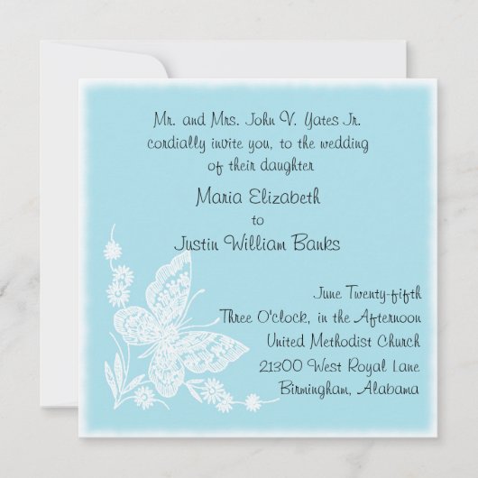 Uitnodiging voor blauwe en witte vlinder (Voorkant)