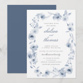 Uitnodiging voor blauwe Floral Border Wedding (Voorkant / Achterkant)